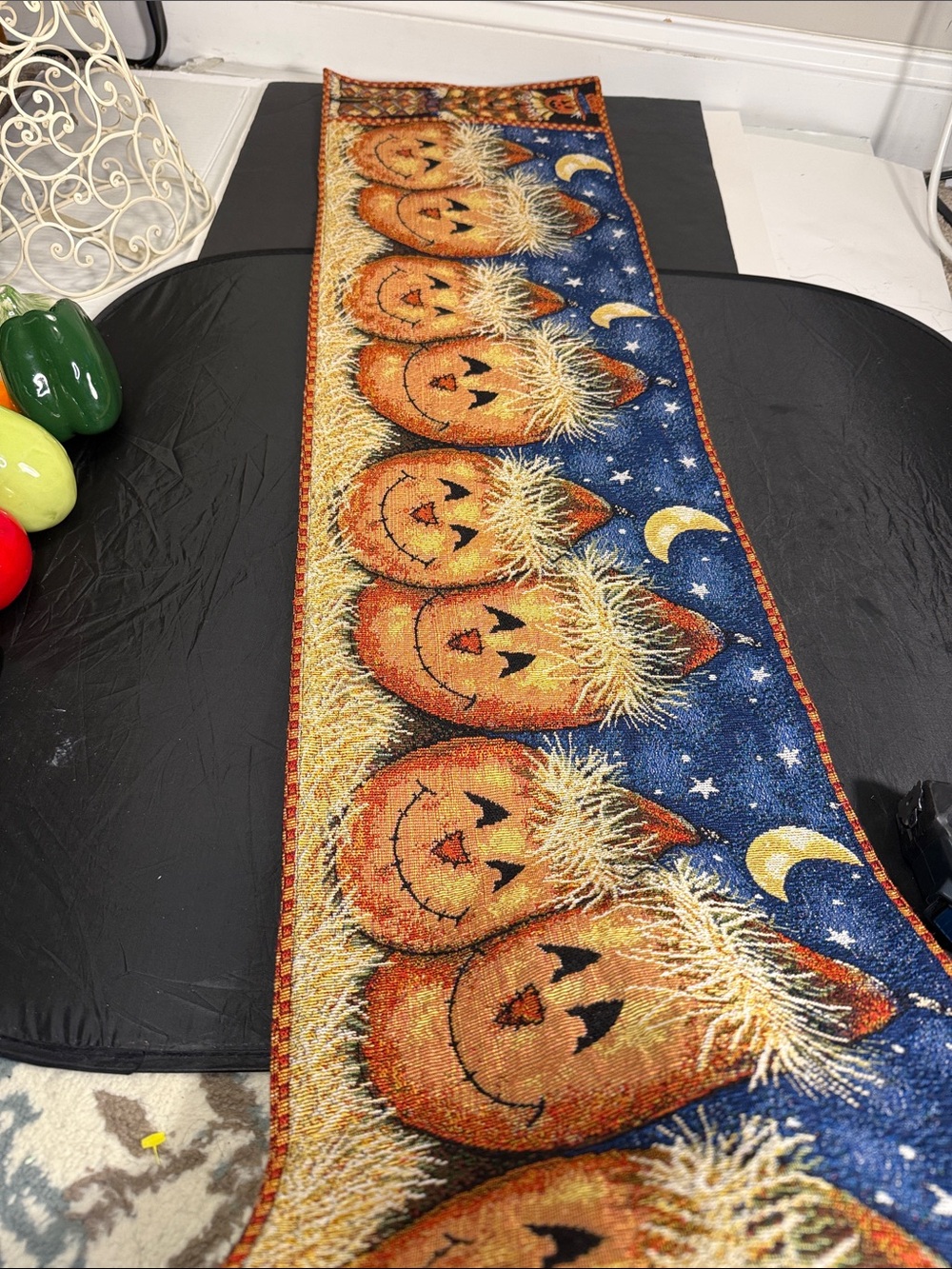 Festive Pumpkin Jack-O'-Lantern Table Runner - Orange & Blue tapestry